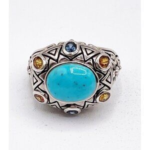 Sally C Treasures Sterling Silver Turquoise & Gems Tribal Sunburst Ring SZ 11